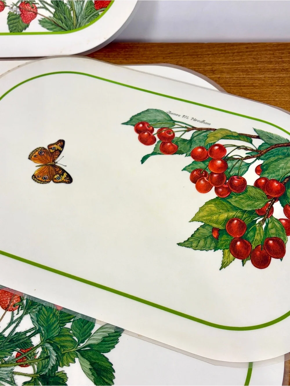 Set of 6 Vintage Laminated Butterfly and Strawberries Reversible Placemats